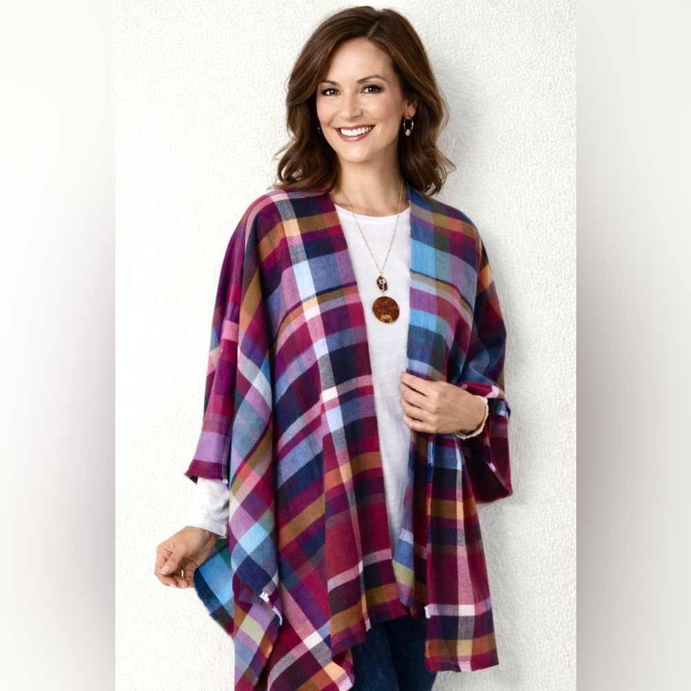 Soft Surroundings Colorful Plaid Open Front Poncho Shawl‎ One Size Wrap